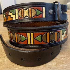 Vintage Colorful Painted Leather Belt with Geometric Southwest Pattern Design